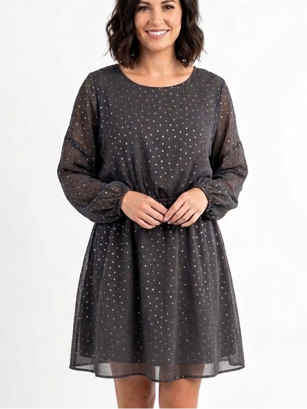 DESIGUAL Black Emporada Long Sleeve Polka Dot Dress Chiffon Layer Size XL